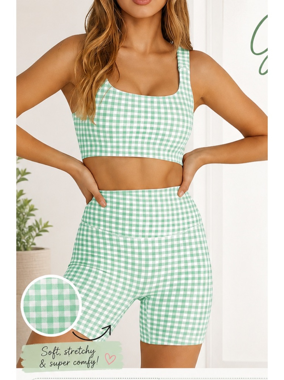 Gingham Stretch Sports Bra & High-Waist Biker Shorts Set — Mint Green